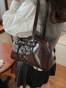 时尚女士手提包，2024 新款独特款式法棍包，带蝴蝶结装饰，单肩包/腋下包 - 咖啡棕 - 查看 10