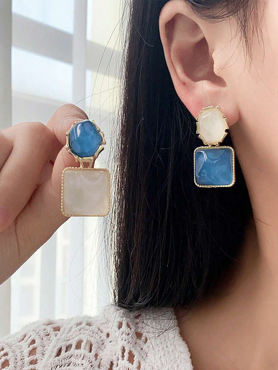 Hoa tai xanh mùa thu đông nóng bỏng Water Ripple Trang sức vuông cổ điển Thiết kế sang trọng độc đáo Hoa tai Sense cho phụ nữ - Nhiều màu - Xem 1