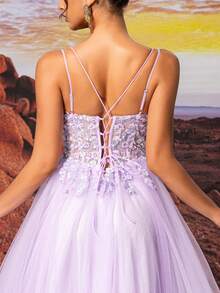 Vestido Slip Púrpura Tule Longo Vestido de Baile com Bordado de Miçangas Brilhantes em Linha A, Vestido de Formatura Semi-formal Elegante, para Aniversário, Convidado de Casamento, Vestido de Formatura da Festa de Boas-Vindas - Roxo - Visão 8