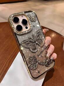 Animal High-End New Ombre Glitter Electroplated 3D Rhinestone Butterfly Full Protective Shockproof Mobile Phone Case Compatible With Iphone 16 Pro Max Waterproof Anti-Fall Scratch Resistant - Champagne - View 2