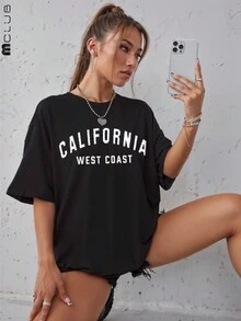 Women's California West Coast Streetwear Printed T-Shirt Cotton Tshirt Blogger Shirt - 黑色 - 查看 1