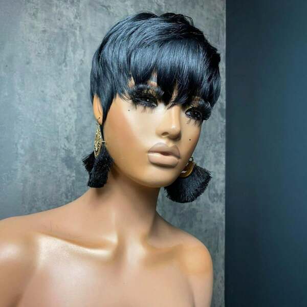 Pixie Cut Wig Para Cabelo Humano Perucas Pretas Curtas Para Mulheres Cabelo Humano Em Camadas Pixie Wigs Com Franja Cabelo Humano Real Peruca De Corte De Cabelo Curto Sem Cola Nenhuma Peruca De Renda Frontal Completa Máquina Feita Peruca Em Camadas Peruca De Substituição De Cabelo Peruca Para Dia Dos Namorados, Uso Diário