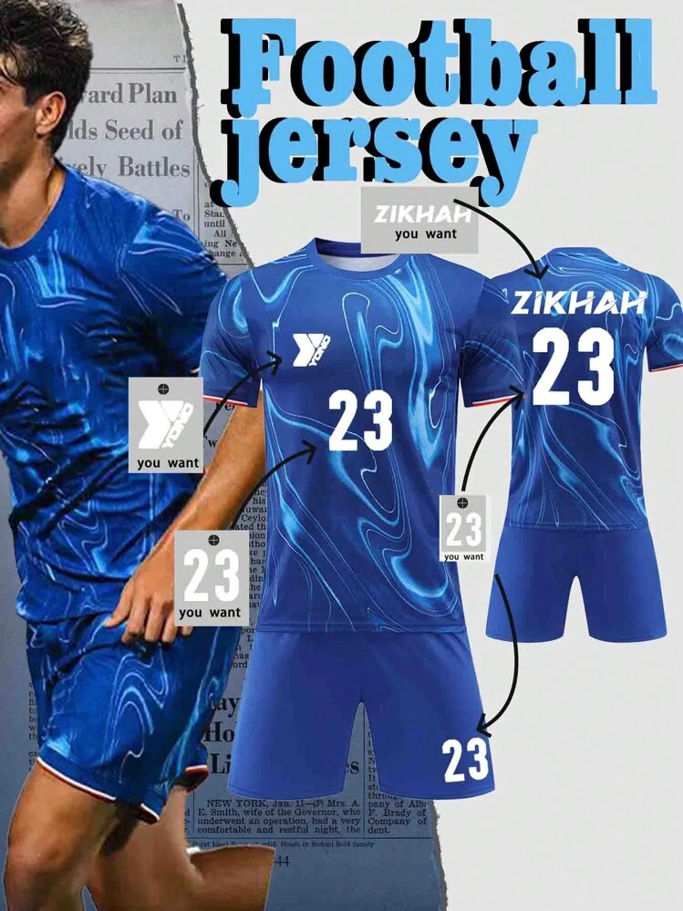 "2024-2025 Customizable Chelsea-Inspired Men's Football Kit - Personalized Jersey And Shorts Set, Home Design Style".Customizable Logo, Number, And Text Content. - Blue - View 1