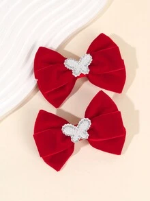 2 chiếc nơ cài tóc nhung đỏ cho phụ nữ, kẹp tóc cá sấu nhung màu trơn có đính đá hình bướm, kẹp tóc nơ thanh lịch, phụ kiện tóc cho mùa thu đông và mùa thu - Đỏ - Xem 2