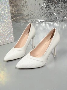 2025 春秋新款细高跟法式尖头柔和风格优雅平底鞋，女士黑色工作皮鞋，舒适办公室女士一脚蹬高跟鞋 - 白色 - 查看 1