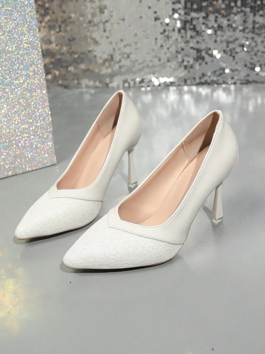 2025 春秋新款细高跟法式尖头柔和风格优雅平底鞋，女士黑色工作皮鞋，舒适办公室女士一脚蹬高跟鞋 - 白色 - 查看 1