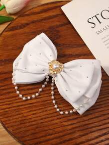 1pc Girls' Fashion Rhinestone & Faux Pearl Decorated Bowknot Hair Clip, Without Card Package - White - View 3