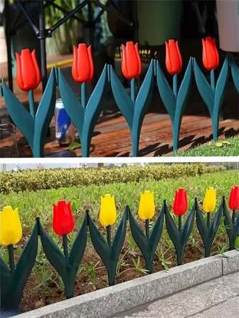 5/10/20 Pcs Set Tulip Flower Garden Fence, Easy Assemble Decorative Border, Suitable For Fairytale Garden, Yard, Outdoor Decor, Multipurpose, Red/Yellow Tulip Design