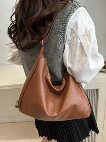 复古纯色简约大容量宽肩带斜挎包，适合逛街，钱包，购物，年轻女性，大学生，新人，白领。非常适合办公室，大学，工作，商务，通勤，户外活动，旅行和郊游 - 棕色 - 查看 5