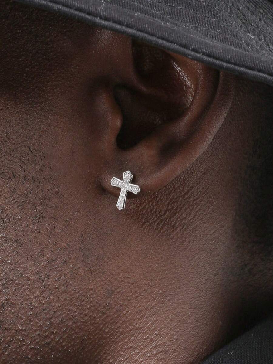 2 件全新水钻十字架耳环男士个性嘻哈风格不锈钢耳钉男女派对饰品 - 十字 - 查看 1