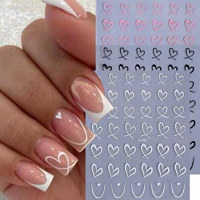 3 PCS Black White Pink Heart Nail Art Stickers Hollow Heart 3D Nail Decals French Line Heart Sliders Simple Nail Art Decoration For Valentine Wedding Bride Manicure Tips Nails Nail Supplies