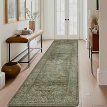 Washable Rug For Living Room Bedroom, Area Rugs Neutral Soft Vintage Print Carpet In Sage Green, Low Pile Mat With Non-Slip Rubber Backing - Cây xô thơm xanh - Xem 4