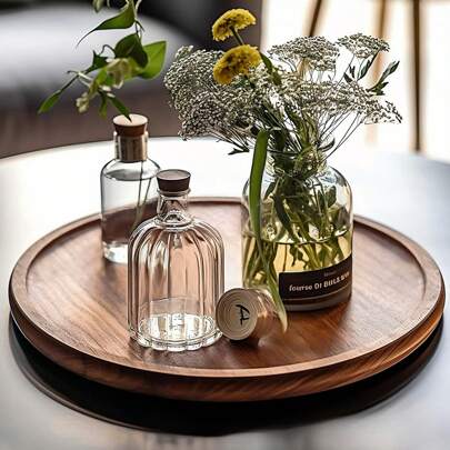 1 pieza de bandeja decorativa de madera maciza con estilo retro circular - Plato de madera multifuncional para el té de la tarde, utensilios de fiesta, baño, decoración del hogar, hotel