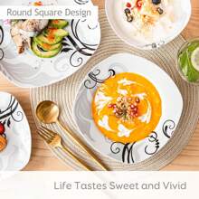 VEWEET 24 Pieces Porcelain Dinnerware Set, Squircle Plate, White And Grey, Ceramic Decal, Dinner Plate, Dessert Plate, Soup Plate And Bowl For 6 Person - 白色 - 查看 2