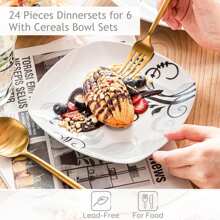VEWEET 24 Pieces Porcelain Dinnerware Set, Squircle Plate, White And Grey, Ceramic Decal, Dinner Plate, Dessert Plate, Soup Plate And Bowl For 6 Person - 白色 - 查看 4