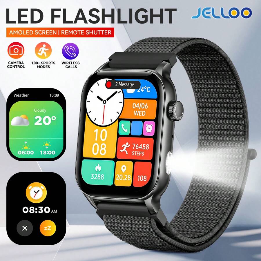 JELLOO 2025 新款男女智能手表 1.952 英寸 AMOLED 屏幕健身手表，具有 107 种以上运动模式、睡眠跟踪、IP67 防水、兼容 iOS 和 Android 手机