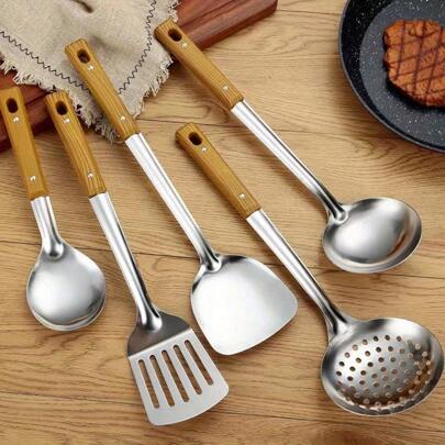 5pcs/Set Stainless Steel Kitchen Utensil Set - Includes Spatula, Rice Paddle, Strainer Ladle, Slotted Spoon And Soup Spoon - Durable Metal Cooking Tools