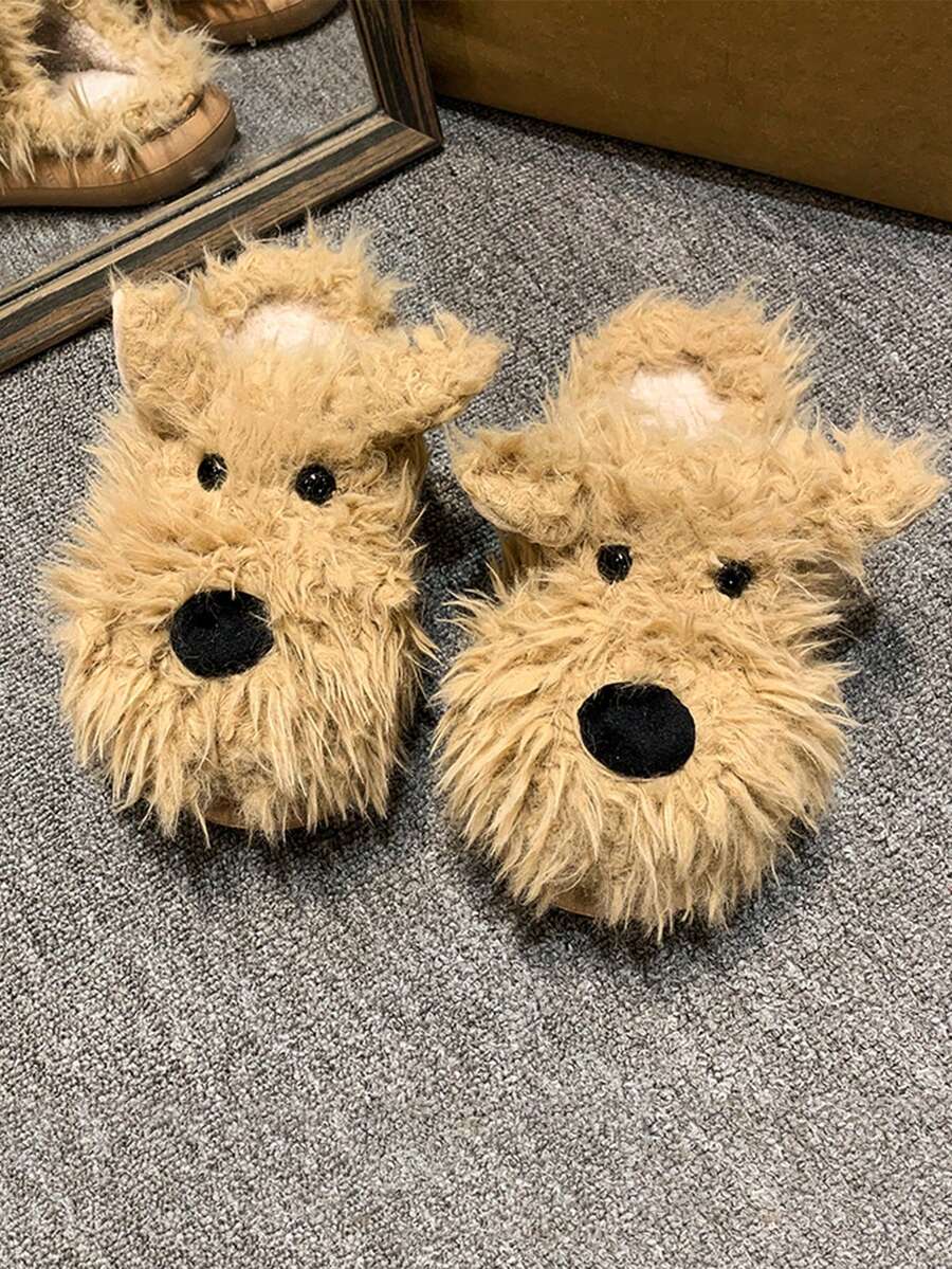 女士毛绒室内拖鞋，小狗图案，厚底，秋冬季温暖毛绒家居拖鞋 - 卡其色 - 查看 1