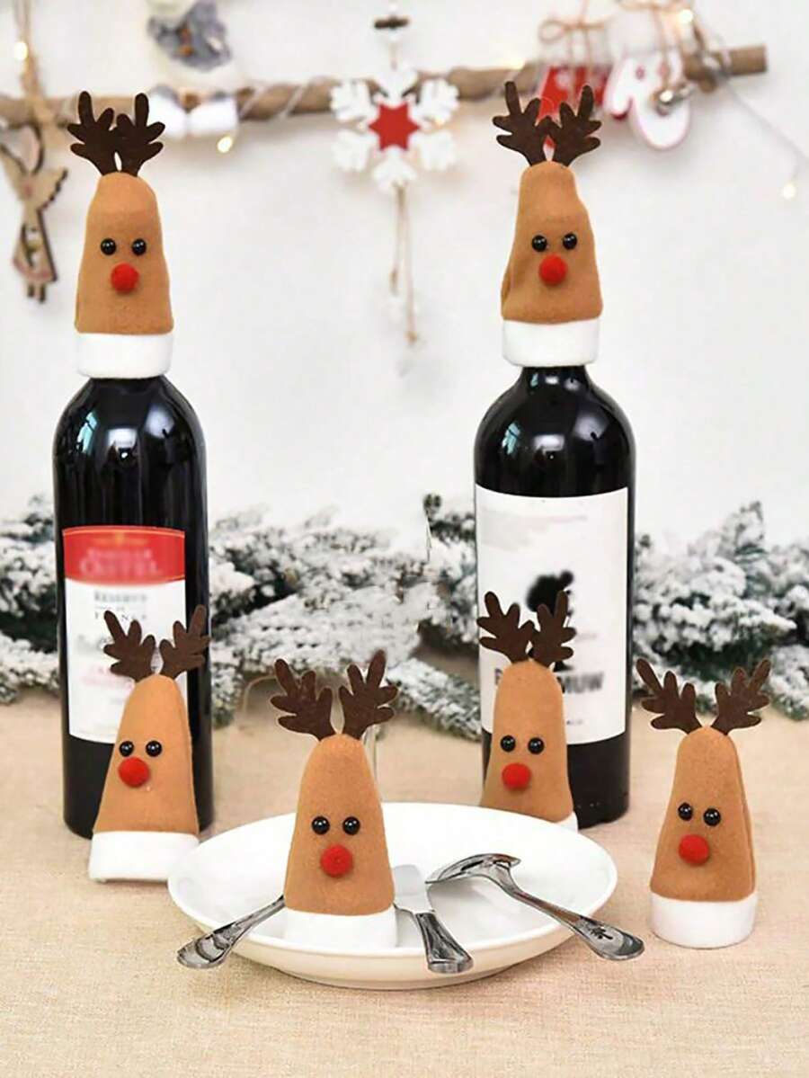 6 件装节日圣诞酒瓶套 - 可爱驯鹿设计餐具袋，非常适合节日家居装饰、圣诞装饰 - 彩色 - 查看 1