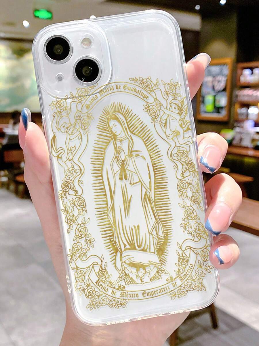 基督教手机壳耶稣 1 件圣母玛利亚天使玫瑰金渐变设计透明防滑软手机壳兼容 iPhone 11/12/13/14/15/16 Pro Max - 彩色 - 查看 1