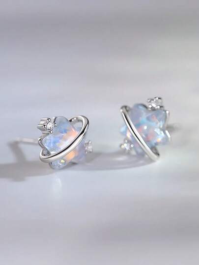 BALMORA 1pair S925 Sterling Silver Unique & Delicate Design Romantic Planet & Heart Shaped Zirconia Stud Earrings For Girl/Women/Girlfriend/Mother Retro Party Dating Gift Daily Wear Birthday Gift Valentines