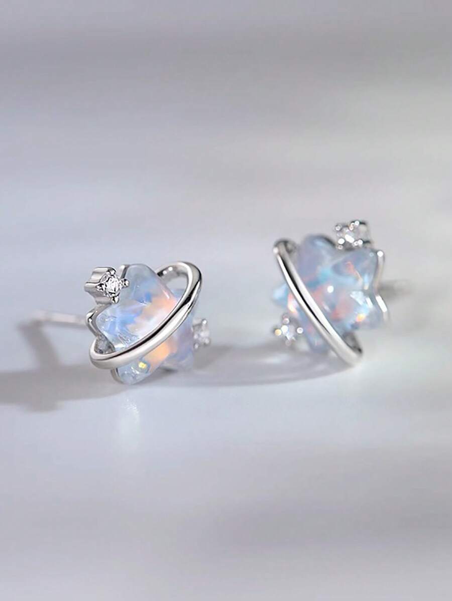 BALMORA 1 对 S925 纯银独特精致设计浪漫星球和心形锆石耳钉，适合女孩/女士/女朋友/母亲复古派对约会礼物日常佩戴生日礼物 - 銀色 - 查看 1