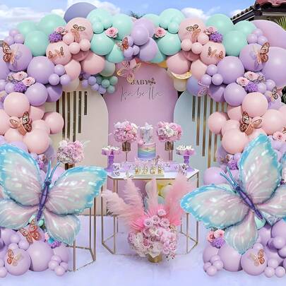 171 件蝴蝶气球花环套装 - 铝箔蝴蝶气球，多种颜色，含卷曲丝带 - 适合生日、母亲节和各种季节性派对