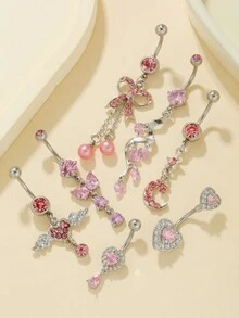 1pc Pink Zirconia Heart & Butterfly Navel Belly Button Piercing Jewelry - Silver - View 9