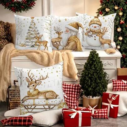 Christmas Santa Snowman And Reindeer Throw Pillow Covers , Holiday Decor Gold Cozy Washable Living Room Couch Bed Home Decor Cushion Cover,Christmas