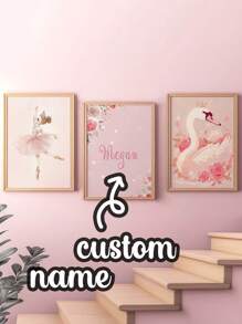 3 pièces Affiches murales sans cadre personnalisées avec le nom. Ballerine fille, fond rose et blanc avec cygne, couronne, étoiles. Décoration murale pour chambre d'enfant, chambre de fille. Cadeau d'anniversaire, Saint-Valentin, Noël, rentrée des classes - Multicolore - Voir 10