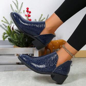 Style With Black Dress,Women's V-Cut Casual Rear Zipper Low Chunky Heel Ankle Boots, American Style Cut, Solid Color Zipper Work Short Boots 3D Embossed Leather Women's Vacation Ankle Boots, Round Toe Comfy Low Heel Dress Boots Women's Gothic Style Boots