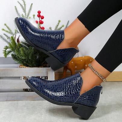 Style With Black Dress,Women's V-Cut Casual Rear Zipper Low Chunky Heel Ankle Boots, American Style Cut, Solid Color Zipper Work Short Boots 3D Embossed Leather Women's Vacation Ankle Boots, Round Toe Comfy Low Heel Dress Boots Women's Gothic Style Boots