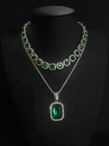 1 件男女通用奢华玻璃水晶吊坠项链,休闲水钻合金链,适合日常佩戴,有红色、白色、蓝色、绿色可选 - 寶石吊墜項鍊 - 查看 3