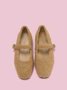 女士保暖扣饰带玛丽珍鞋，可爱学生鞋，休闲毛绒保暖毛绒冬鞋 - 杏色 - 查看 3