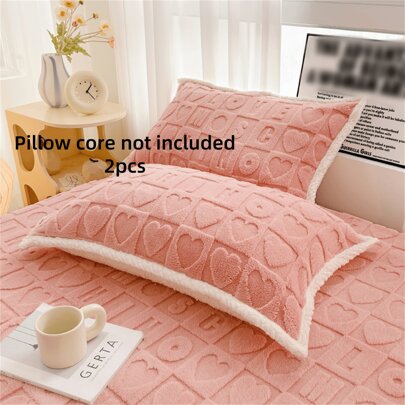 2 件毛绒天鹅绒花卉刺绣枕套，粉色纯色，字母和心形设计，不含枕芯，家居装饰、床上用品、卧室和客房