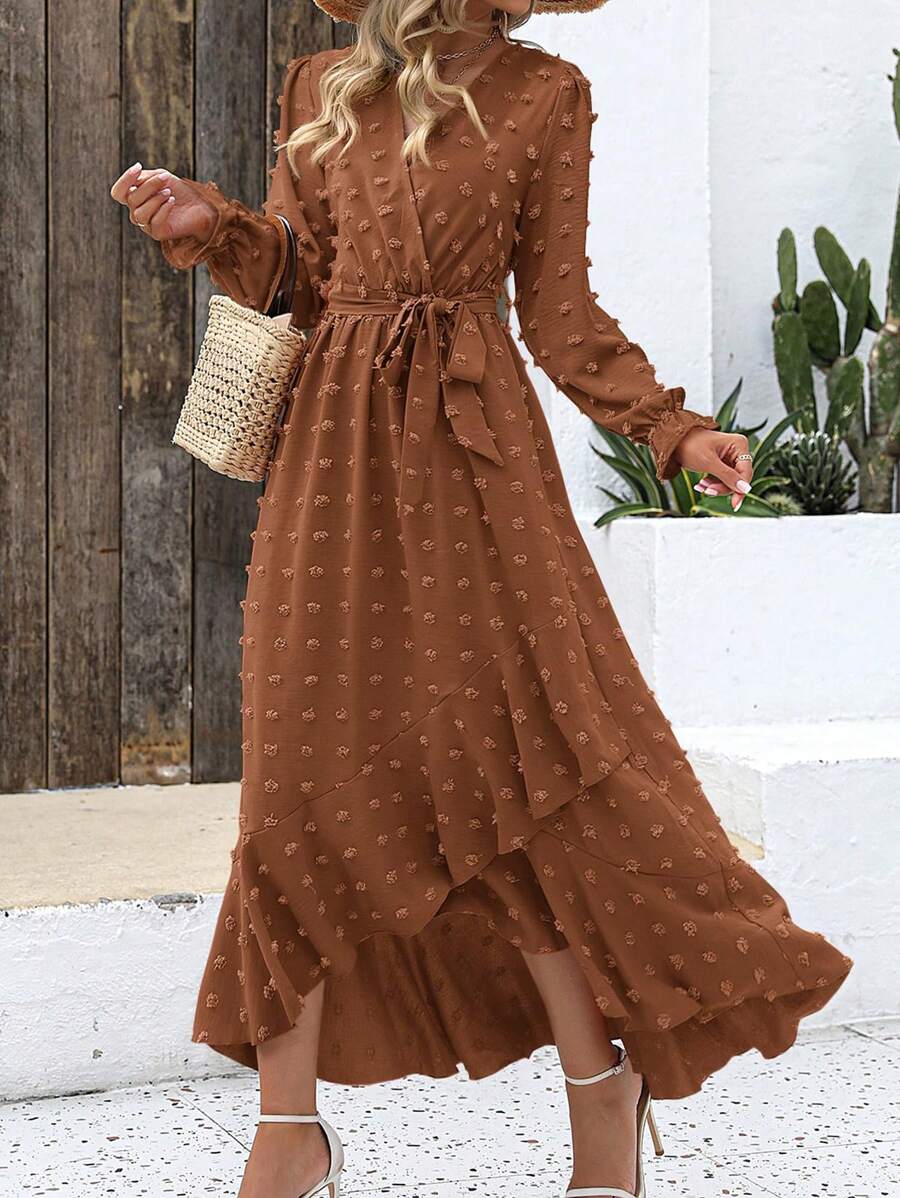Women's Spring Maxi Dress V Neck Swiss Dot Long Sleeve Flowy Slit Belt Waist Long Dress Fall Boho Wedding Party Beach Vacation Holiday Valentine Long Maxi Dress Outfits