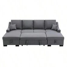 U_STYLE Upholstery Sleeper Sectional Sofa With Double Storage Spaces 2 Tossing Cushions Grey