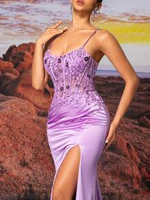 修身款吊带裙闪亮珠绣正式晚礼服，优雅半正式舞会礼服，适合生日、婚礼嘉宾、毕业典礼返校节 - 紫色 - 查看 8