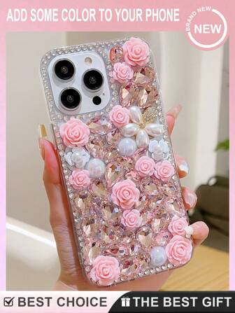 Rhinestone Pearl Rose Flower Protective Phone Case Compatible With IPhone 16 Pro Max, 16 Pro, 15 Pro Max, 15 Pro, 15 Plus, 15, 14 Pro Max, 14 Pro, 14 Plus, 14, 13 Pro Max, 13 Pro, 13, 12 Pro Max, 12 Pro, 12, 11 Pro Max, 11, XS Max, XS, XR, 7 Plus, 8 Plus, Galaxy S23, S24, S25, Galaxy S25 Edge