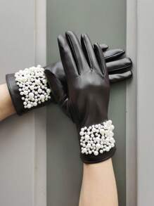 1 Pair Women Solid Color Elegant Polyester (Polyester) Pearl Touchscreen Short Full Finger Gloves, Suitable For Street Party, Date Night, Casual Outings, Festivals, Weddings, College Parties, Mature, Autumn/Winter - A - View 7