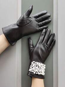 1 Pair Women Solid Color Elegant Polyester (Polyester) Pearl Touchscreen Short Full Finger Gloves, Suitable For Street Party, Date Night, Casual Outings, Festivals, Weddings, College Parties, Mature, Autumn/Winter - A - View 6