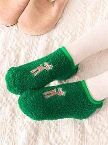 1 双女式鹿刺绣舒适纯色保暖柔软毛绒袜子舒适蓬松隐形拖鞋袜子 - 綠色 - 查看 2