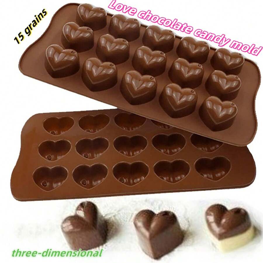2pcs 15-Cavity Heart Shaped Silicone Chocolate Candy Cookie Cake Baking Mold Ice Cube Tray With Raindrop Heart Mold - Brown - View 1