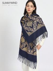 1pc Elegant Retro Embroidery Pattern Scarf, Autumn/Winter - Navy - View 3