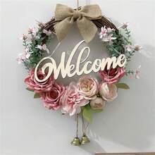 Vòng hoa hồng nhân tạo treo tường trang trí theo phong cách Bắc Âu, mặt dây chuyền chuông chào mừng cho phòng ngủ, phòng khách, lối vào, sân vườn, đám cưới, sinh nhật, trang trí ngày lễ - Hồng - Xem 3