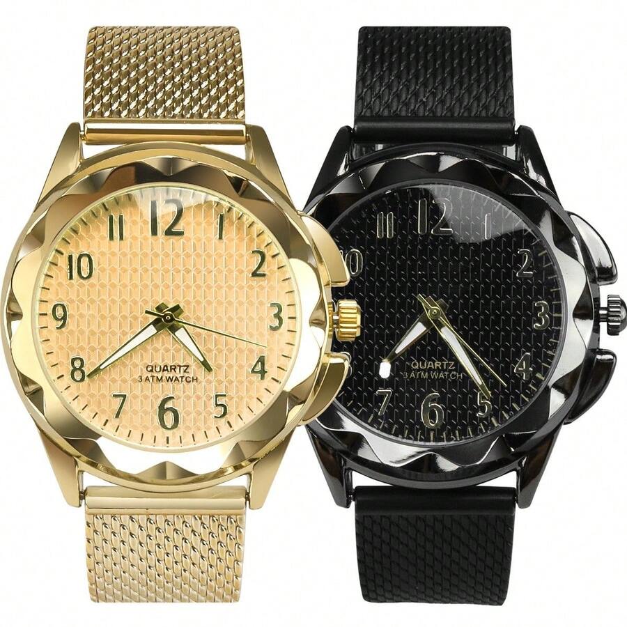 Since84 Women's Analog Watch Set With Pointer, Stainless Steel Case And Resistant Silicone Strap, 2 Pieces, Gold And Black Piano, Both Waterproof, Super Beautiful - 黑色 - 查看 1