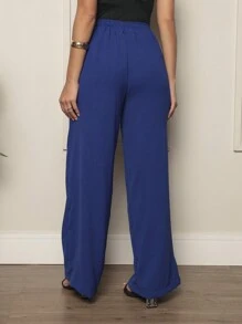 Duna Fabric Wide Leg Pants With Button Blogger Elastic Social Pants - 寶藍色 - 查看 5
