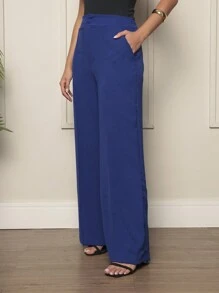 Duna Fabric Wide Leg Pants With Button Blogger Elastic Social Pants - 寶藍色 - 查看 4