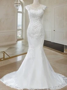 Lvivy Women's Backless Mermaid Wedding Dress With Luxurious Sequin Embroidery, Simple, Elegant And Slim Fit, Suitable For Wedding Parties - Trắng ngọc trai (thêu ren sang trọng) - Xem 4