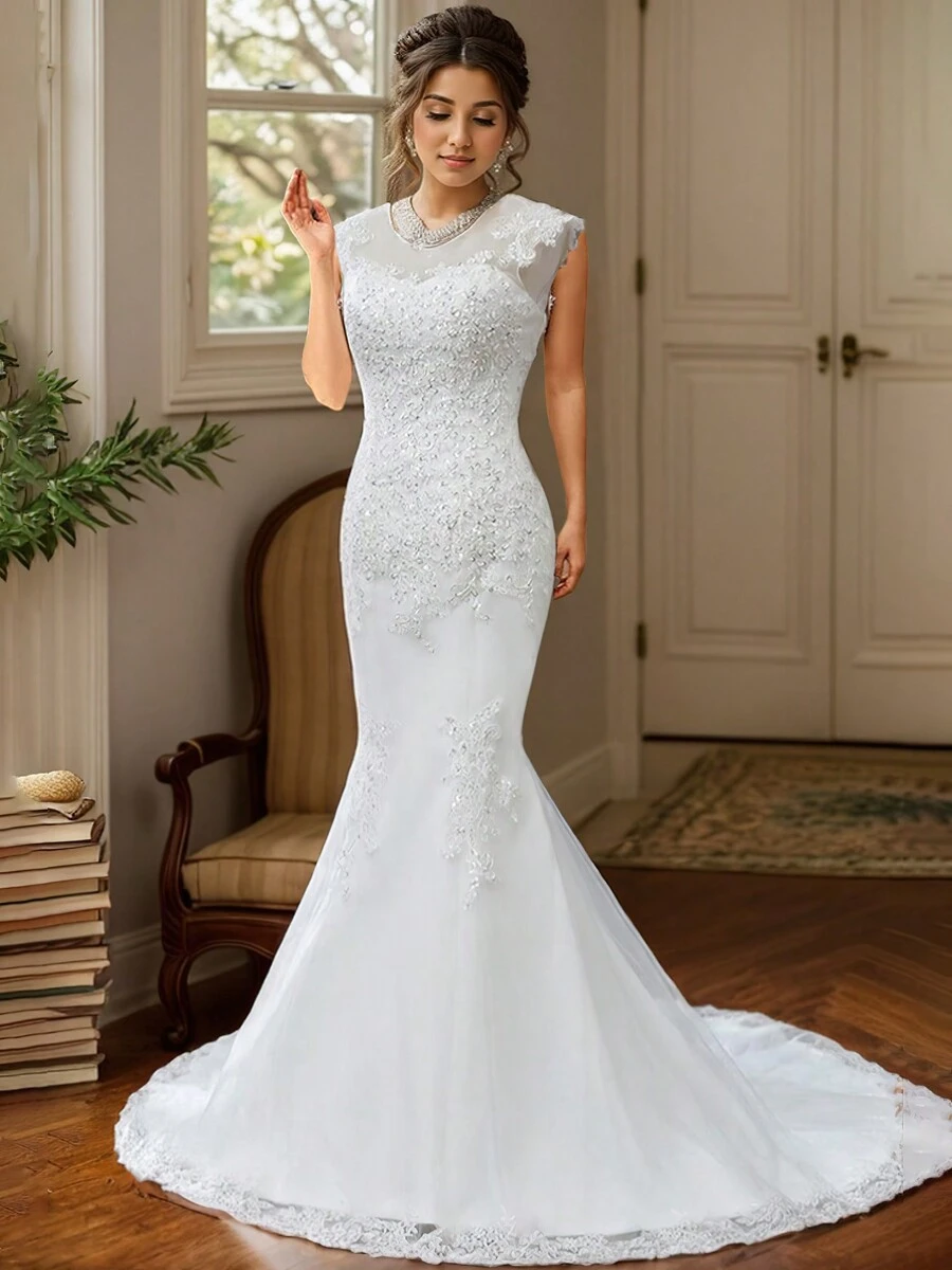 Lvivy Women's Backless Mermaid Wedding Dress With Luxurious Sequin Embroidery, Simple, Elegant And Slim Fit, Suitable For Wedding Parties - Trắng ngọc trai (thêu ren sang trọng) - Xem 1